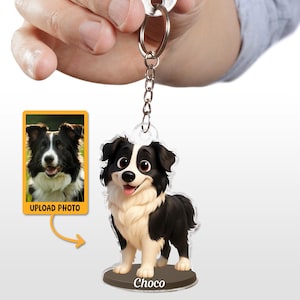 May include: A keychain featuring a cartoon dog with black and white fur, a happy expression, and the name "Choco" at the base. An adjacent image shows a photo of a similar dog. The keychain is attached to a silver keyring.