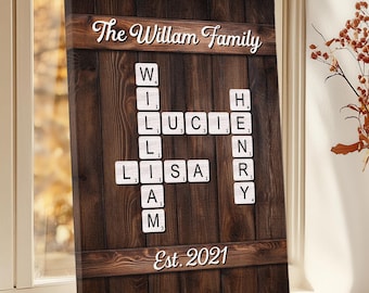 Lienzo personalizado con crucigramas y apellidos, regalo personalizado estilo Scrabble, arte con fecha de fundación familiar, regalo de aniversario para padres