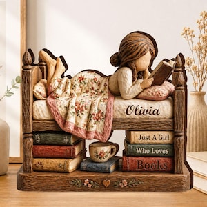 Personalized Just A Girl Who Loves Book Wooden Plaque, Vintage Girl Reads Book In Bed Custom Name