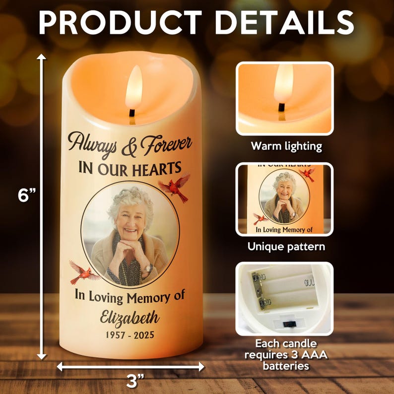 Puede incluir: Una vela LED a pilas, de 15 cm de alto y 7,6 cm de ancho, con un brillo c&aacute;lido. La vela presenta el texto "Always & Forever IN OUR HEARTS" y una foto. Se lee "In Loving Memory of Elizabeth 1957-2025".
