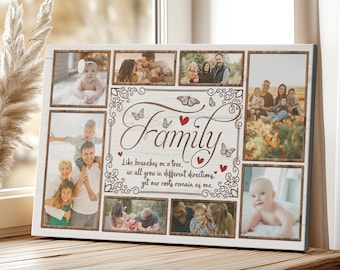 May include: A wooden framed canvas print featuring family photos. The word "Family" is displayed in a decorative font, with the quote "Like branches on a tree, we all grow in different directions, yet our roots remain as one."