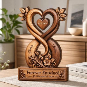 Peut inclure: Une sculpture en bois en forme de cœur infini avec des feuilles sculptées, un pendentif central en forme de cœur avec la date 02.11.1976, les prénoms Sarah et James, et une base gravée avec le texte Forever Entwined 50 Wonderful Years.