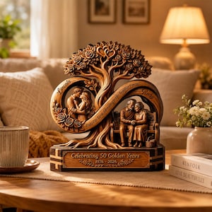 May include: A brown wooden sculpture featuring a tree with two circular frames containing figures of a couple. The base is inscribed with "Celebrating 50 Golden Years 1976 - 2026". The sculpture includes the names "Lincoln" and "Ruby" and the text "Rooted in Love, Growing in Life, Together Forever."