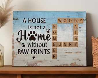 Custom Pet Canvas Wall Art, Personalized Crossword Puzzle Name Decor with Paw Print Design, Gift for Pet Lovers, Dog & Cat Owners