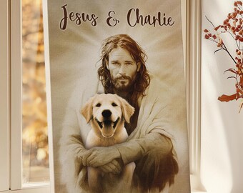 Retrato personalizado de mascota y Jesús en lienzo, arte conmemorativo personalizado, regalo religioso único para amantes de las mascotas.