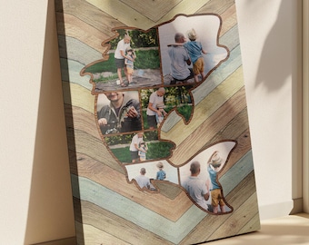 May include: A personalized canvas print featuring a fish-shaped collage of family photos. The background has a chevron pattern in shades of brown, beige, and blue. The fish outline is a darker brown, and the photos show a man and child.