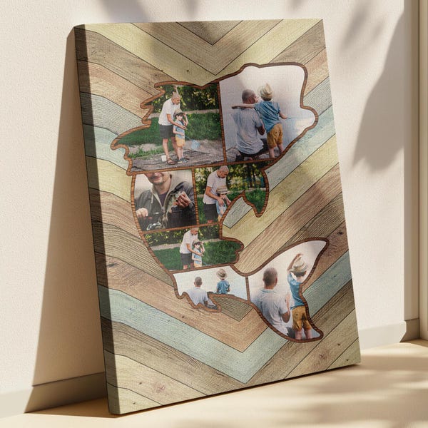 Op maat gemaakt familiefotocanvas met uitsnede in vissenthema, gepersonaliseerd woondecor, uniek cadeau voor jubileum ouders