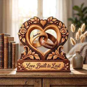 Personalisierte Herzplakette aus Holz mit ineinandergreifenden Ringen, Erinnerungsstück zum Hochzeitstag für Paare