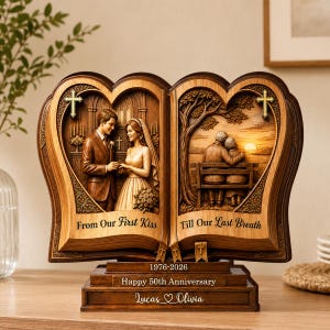 Custom 2D Print Wooden Book Plaque, 50th Anniversary Christian Keepsake, Couple Decor