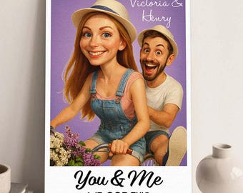 Impressão em tela de caricatura de casal personalizada, presente de aniversário personalizado, retrato de casal exclusivo a partir de foto, decoração de casa emocionante