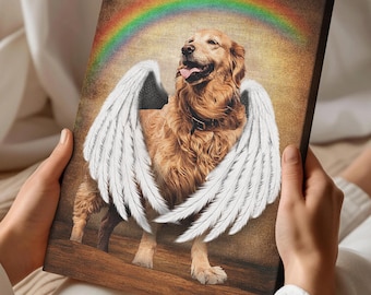 Custom Pet Memorial Canvas with Angel Wings, Personalized Pet Loss Gift, Rainbow Bridge Memorial, Pet Portrait Keepsake
