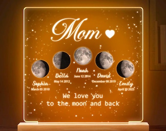 Custom Moon Phase Night Light for Mom, Grandma, Personalized Family Gift, Adjustable LED Light with Kids Names, Birth Dates