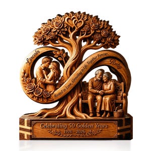 May include: A wooden sculpture featuring a tree with roses and two hearts at the top. It depicts a young couple on the left and an older couple on a bench on the right. Text includes "Lincoln," "Ruby," "Rooted in Love, Growing in Life, Together Forever," and "Celebrating 50 Golden Years 1976 - 2026."