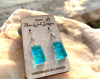 Dichroic Glass Drop Earrings: Surgical Steel Posts, Fused Art Glass, Caribbean Blue
