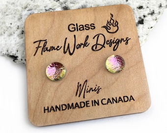 Dichroic Glass Stud Earrings: Strawberry Cheesecake, Pink & Gold Mini Surgical Steel Posts