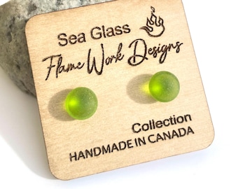 Green Sea Glass Studs: Surgical Steel Frosted Earrings