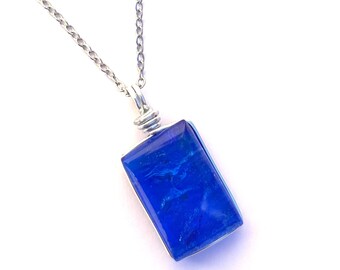 Dichroic Glass Pendant Necklace: Fused Art Glass, 18 inch Stainless Steel Chain, Cobalt Blue