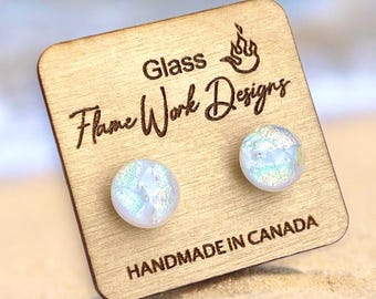 Opal Glass Studs - Small Stud Earrings - Fused Glass Earrings - Dichroic Jewellery - Surgical Steel Posts