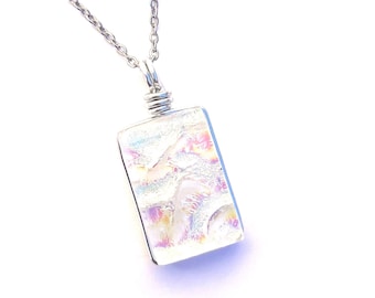 Dichroic Glass Pendant Necklace: Fused Art Glass, 18 inch Stainless Steel Chain, Opal