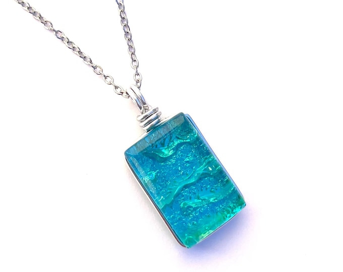Featured listing image: Dichroic Glass Pendant Necklace: Fused Art Glass, 18 inch Stainless Steel Chain, Caribbean Blue
