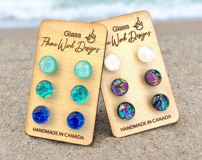 Featured listing image: Glass Earring Set, 3 Pairs of Studs, Gift Set on Wooden Card, Dichroic Studs, Glass Studs, Earring Gift Set, Unique Gift Ideas