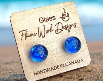 Cobalt Blue Glass Studs - Small Stud Earrings - Fused Glass Earrings - Dichroic Jewellery - Surgical Steel Posts