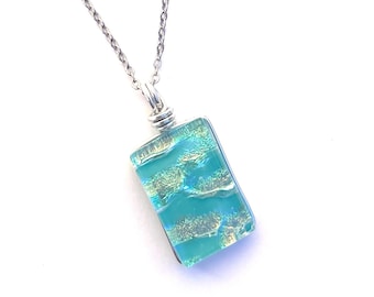 Dichroic Glass Pendant Necklace: Fused Art Glass, 18 inch Stainless Steel Chain, Light Blue