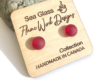 Red Sea Glass Studs: Surgical Steel Frosted Earrings