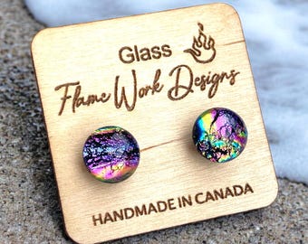 Rainbow Purple Glass Studs - Small Stud Earrings - Fused Glass Earrings - Dichroic Jewellery - Surgical Steel Posts