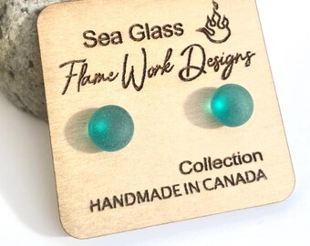 Teal Sea Glass Studs: Surgical Steel Frosted Earrings