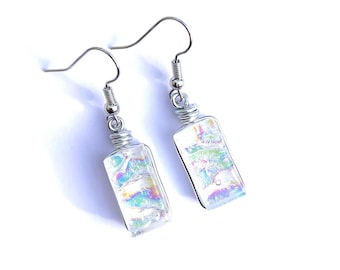 Dichroic Glass Drop Earrings: Surgical Steel Posts, Fused Art Glass, White Opal