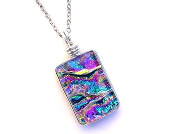 Dichroic Glass Pendant Necklace: Fused Art Glass, 18 inch Stainless Steel Chain, Rainbow Teal