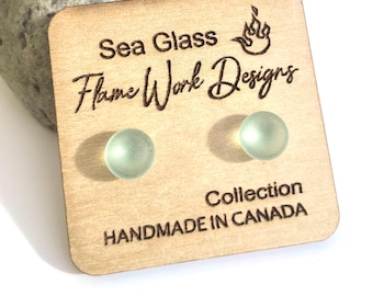 Light Green Sea Glass Studs: Surgical Steel Frosted Earrings