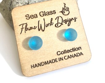 Aqua Sea Glass Studs: Surgical Steel Frosted Earrings
