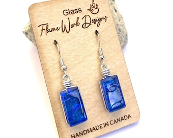 Dichroic Glass Drop Earrings: Surgical Steel Posts, Fused Art Glass, Cobalt Blue