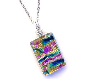 Dichroic Glass Pendant Necklace: Fused Art Glass, 18 inch Stainless Steel Chain, Rainbow Purple
