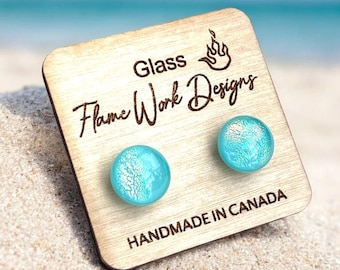 Light Blue Glass Studs - Small Stud Earrings - Fused Glass Earrings - Dichroic Jewellery - Surgical Steel Posts