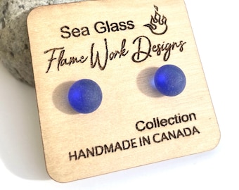 Cobalt Sea Glass Studs: Surgical Steel Frosted Earrings