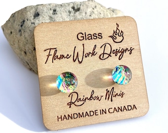 Dichroic Glass Stud Earrings: Rainbow Minis 8mm (Pink/Gold)