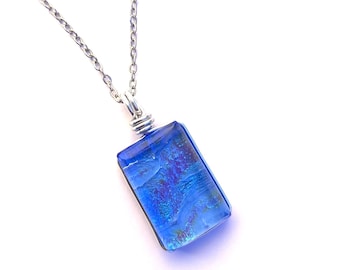 Dichroic Glass Pendant Necklace: Fused Art Glass, 18 inch Stainless Steel Chain, Blue Jeans