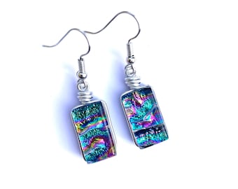 Dichroic Glass Drop Earrings: Surgical Steel Posts, Fused Art Glass, Rainbow Teal