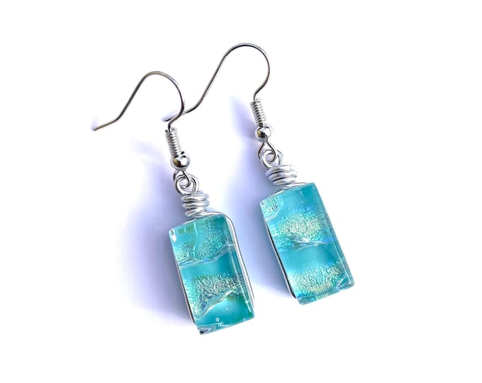 Featured listing image: Dichroic Glass Drop Earrings: Surgical Steel Posts, Fused Art Glass, Light Blue