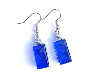 Dichroic Glass Drop Earrings: Surgical Steel Posts, Fused Art Glass, Cobalt Blue