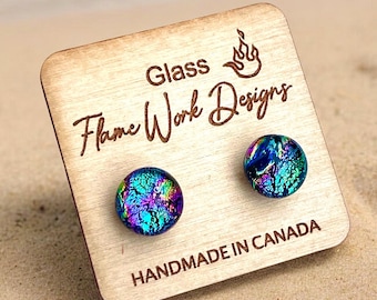 Rainbow Teal Glass Studs - Small Stud Earrings - Fused Glass Earrings - Dichroic Jewellery - Surgical Steel Posts