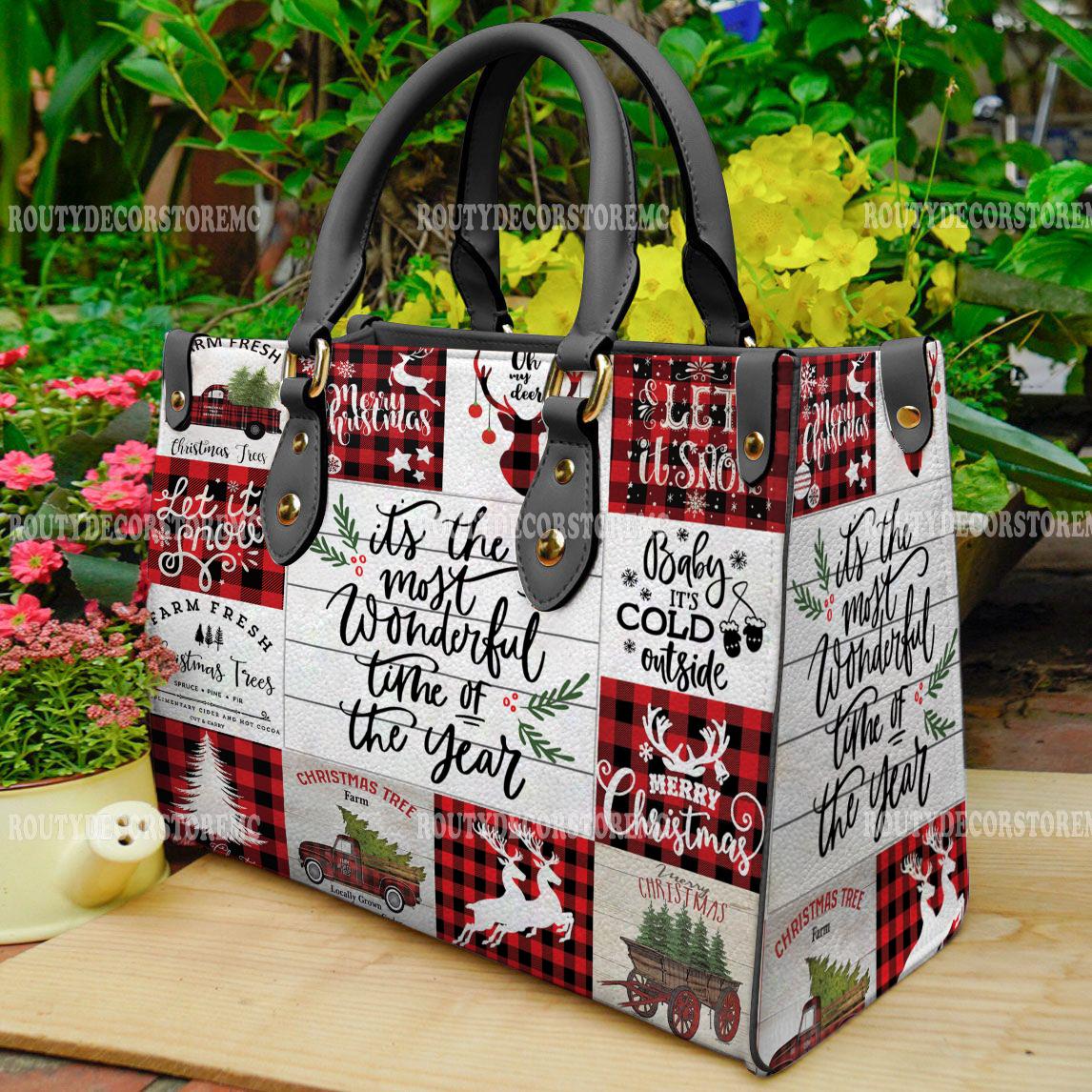 Discover Most Wonderful Time Red Plaid Christmas Women leather Bag Handbag,Christmas Woman Handbag,Christmas Gifts