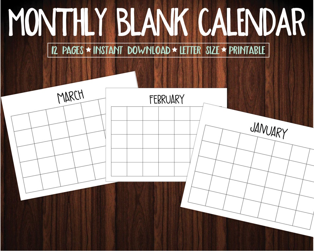 Blank Calendar, Printable Calendar, Digital Download, Calendar Sheets ...