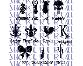 ¡11 opciones! ¡Tú eliges! Calcomanías para camas solares Calcomanías para camas solares Pluma Gallo Lazo Inicial Ciervo Ciervo macho Ancla Flor de lis Cactus