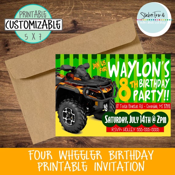 Atv Birthday Party Invite Boys Birthday Invite Four Wheeler Etsy