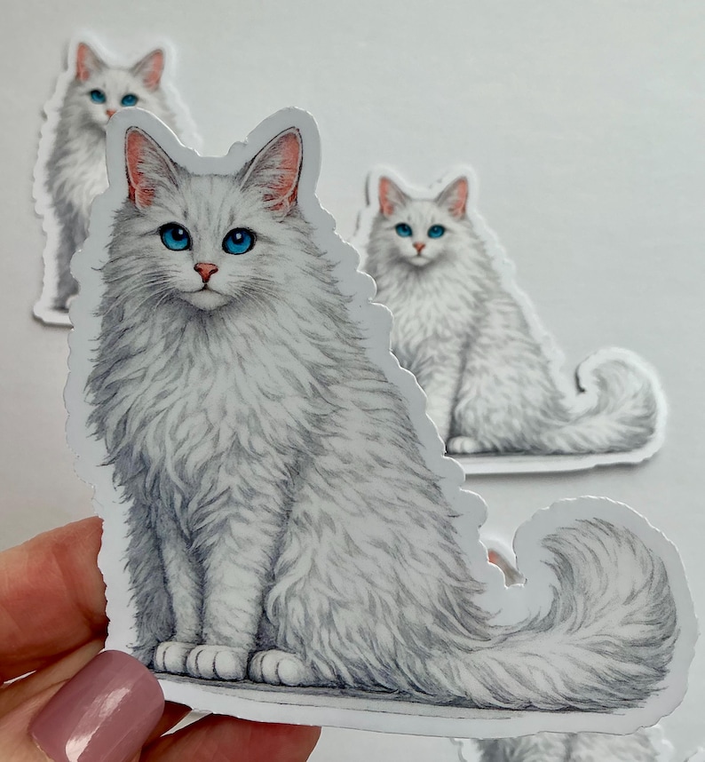 White Cat Sticker, Waterproof Vinyl Decals for Mugs, Laptops, Cars, and ...