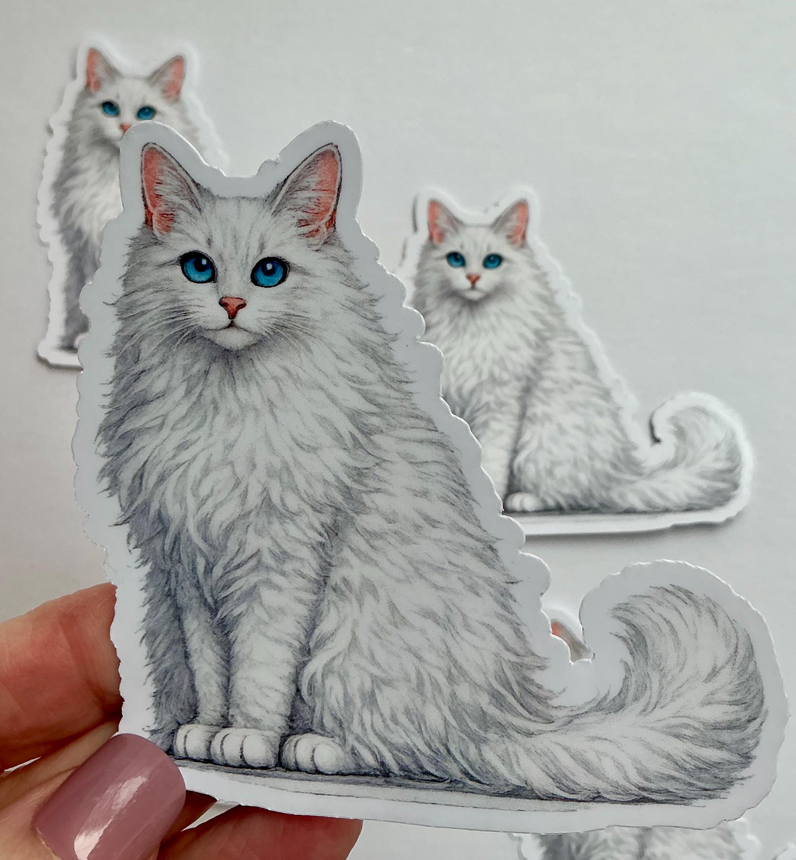 White Cat Sticker, Waterproof Vinyl Decals for Mugs, Laptops, Cars, and ...